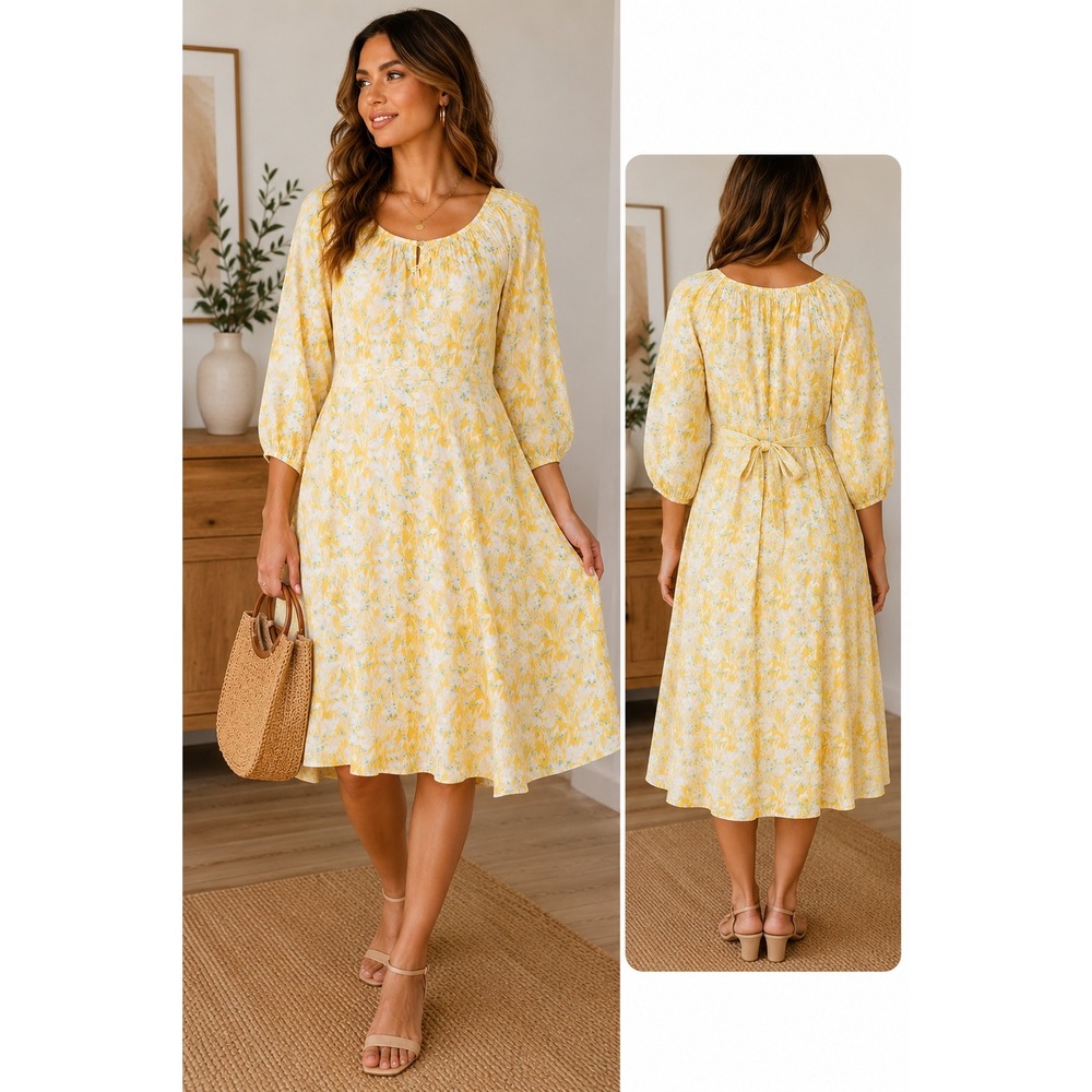 Kaari Blue Dress Floral Yellow White Long Sleeve Tie Waist Casual‎ Size M